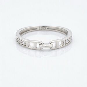 Rhodium Plated Solid 925 Sterling Silver Chain Link Cubic Zirconia Ring Size 5.5